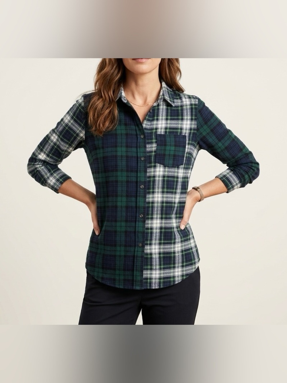 L.L.Bean Split Plaid Flannel Shirt Mixed Tartan Colorblock Navy Green Size S